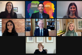 Zoom screenshot of President, Provost, Chancellor and recipients of President Teaching Awards 2020 and 2021