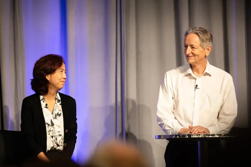 AI luminaries Fei-Fei Li and Geoffrey Hinton spoke about the past, present and future of artificial intelligence development at a Radical Ventures event hosted by U of T at the MaRS Discovery District (photo by Polina Teif)