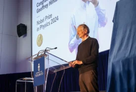 University Professor Emeritus Geoffrey Hinton, who won the 2024 Nobel Prize in Physics, attends a celebration event held at the Schwartz Reisman Innovation Campus (photo by Mac Pattanasuttinont)