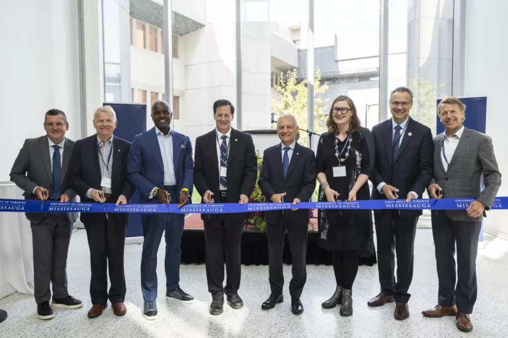 From left, Mississauga Deputy Mayor Matt Mahoney, Kent Moore, Chancellor Wesley J. Hall, Douglas E. McDougall, U of T President Meric Gertler, UTM VPP Alexandra Gillespie, Orlando Corporation President Blair Wolk and KieranTimberlake's Jason Smith. (Photo by Nick Iwanyshyn)